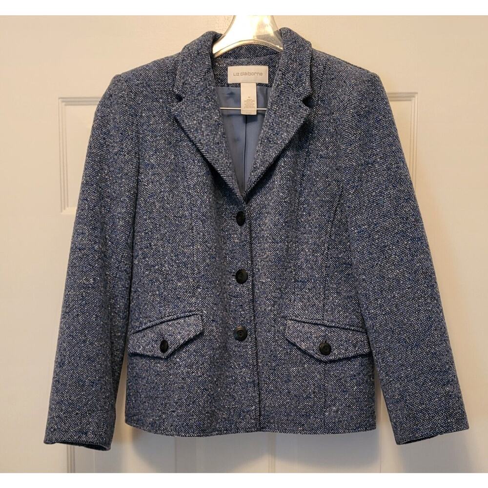 Vintage Liz Claiborne Blue Tweed Fitted Jacket Blazer Size M
